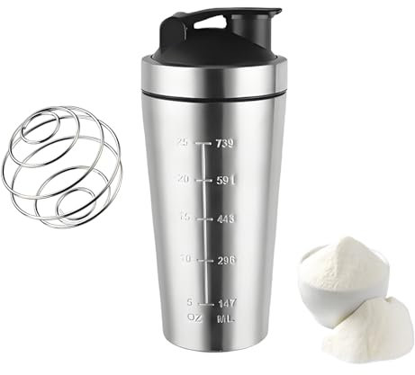 Protein Shaker Bottle 750ml, Stainless Steel Metal Shaker Bottle with Mixball Metal Protein Shaker Cup for Protein Shakes Leak Proof Protein Mixer Shaker Cup Protein Bottle for Men and Women