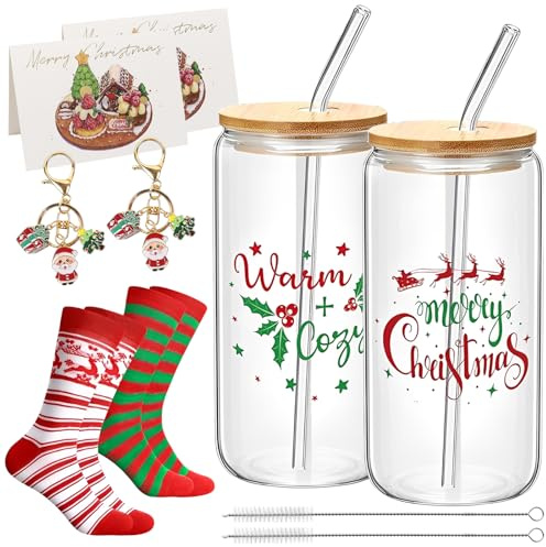 Weihnachtstasse, Trinkbecher mit Deckel und Strohhalm, Weihnachtstassen Set mit Weihnachtssocken, Weihnachtskarten und Schlüsselanhänger, Tasse Weihnachten, Weihnachtsgläser, Weihnachtsgeschenke