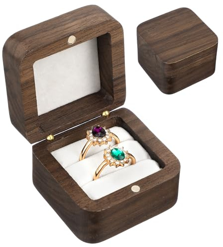 Trinkrittey Ringschatulle, Holz Ringbox Hochzeit Quadratische Ring Box aus Walnuss Weiß Samt Soft Interieur Doppeltem Schlitz Retro Ringe Aufbewahrung für Hochzeit, Zeremonie