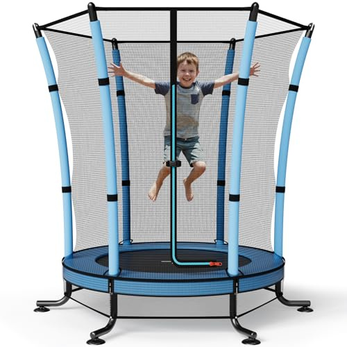 JUMMICO Trampoline Ø145cm avec Filet de sécurité | Trampoline intérieur extérieur Enfants équipés de Tasses d'aspiration antidérapantes et Pieds en Forme de L Capacité de Charge jusqu'à 50kg