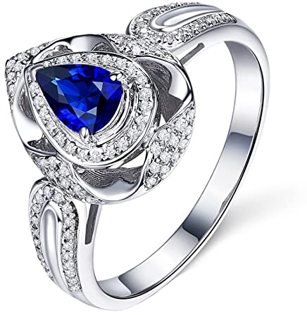 BCughia Saphir Ring Damen Weißgold, 18 Karat Ringe Tropfen Form 0.6ct Saphir und Diamant Hochzeitsringe Größe 49