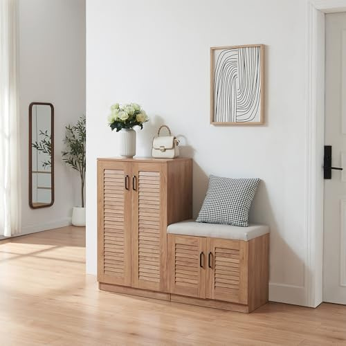 [en.casa] Mueble Zapatero Løten Armario con 9 Compartimentos para 18 Pares de Calzados + Banco Zapatero Puertas de Rejilla Buena Ventilación 97 x 120 x 36 cm - Efecto Roble