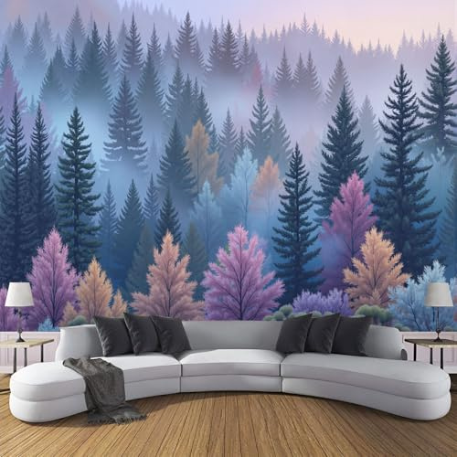 ANALTIRCE Papier Peint Panoramique Résumé Forêt, 3D Papier Peint Intissé Brume Forêt Pins Fresque Murale, 500×350 cm Poster Geant Mural pour Salon Chambre Décoration