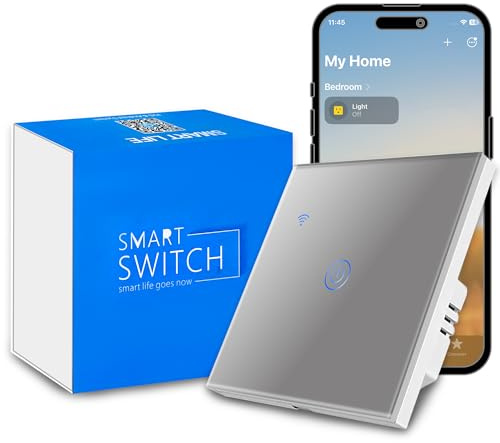 HomeKit Wifi Smart Light Switch,Neutral Wire Required,App-Based 2-Way Control Only,Works with Apple Home,Alexa & Google Home,Touch Glass Panel,No Hub Required,1Gang Grey
