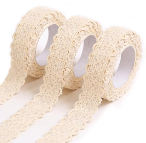 Forbabe 3 Rollen Selbstklebende Spitze, 6M Spitzenband Bordüre | Selbstklebend Vintage Spitzenborte, Dekoband für Hochzeit Geschenkbox Scrapbook DIY Handwerk (Beige - B)