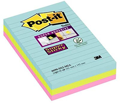 Post-It Super Sticky Notes Miami Ruled 90 Sheets 101x152mm Aqua Neon Green Pink [Pack of 3]