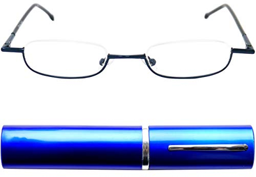 Schmale Metall Mini Halbbrille Lesebrille, Edelstahl Rahmen (Blau), mit Gratis Slim-Fit Alu Etui, Lesehilfe Damen und Herren +2.0 Dioptrien