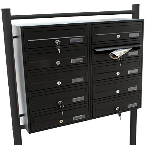Wiltec Boîte aux Lettres sur Pieds Noire 270 x 898 x 1500 mm, avec 10 Compartiments verrouillables 2x5 et Porte-nom, Revêtement en Poudre, pour Courrier