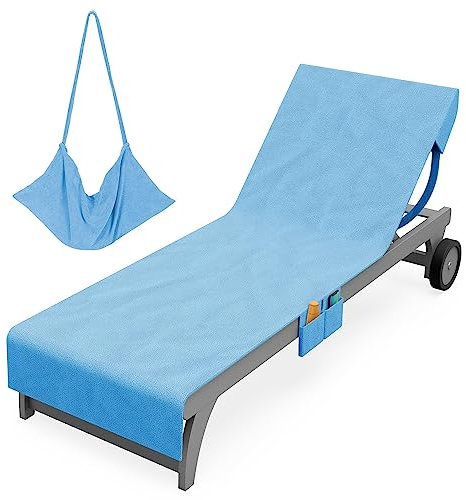 Vinsani Sun Lounger Beach Towel Carry with Pockets Sand Free Compact Bag Soft Microfibre Quick Dry Lightweight 215 x 73 cm for Holiday Summer Garden Swim Pool Beach Lounger Towels – Blue