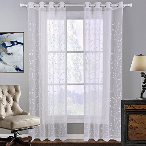 JameStyle26 Gardinen Vorhang Weiß Blume Transparent Blümchen Voile Ösen Aufhängung Schlaf- Wohnzimmer Kinderzimmer Uni 1er Pack Stück (240 x 140 cm HxB 1 Stück)