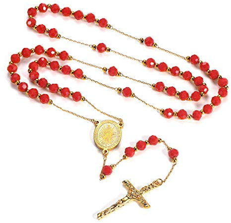 FaithHeart Gold Kette für Damen Kreuzanhänger Rot Perlen Geschenk Schmuck Rosary Necklace für Valentinstag Muttertag