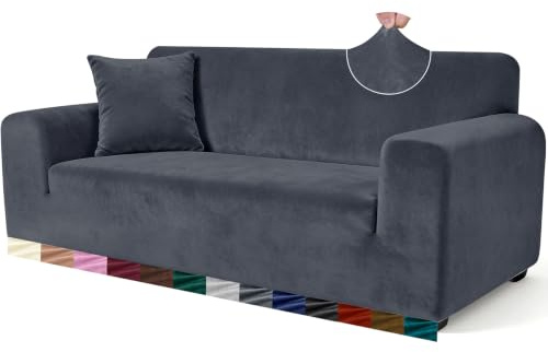 Yeahmart Thick Velvet Sofa Covers 2 Seater - Premium Stretch Couch Cover Loveseat Slipcover - Soft Furniture Protector for Pets - Includes Foam Rods for Non-Slip Fit - Machine Washable, Dark Grey