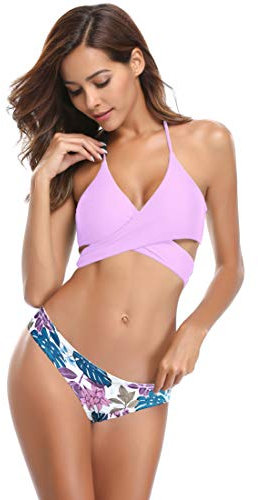 SHEKINI Costumi da Bagno Donne Due Pezzi Capestro Bendare Foglie di Fiori Stampa Costume Bikini Costume da Bagno Mare Spiaggia Estate (Large, Lavanda)