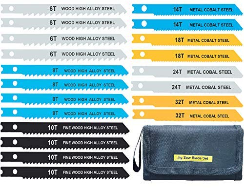 Lot de 20 lames de scie sauteuse universelles pour coupe du bois, du plastique et du métal avec sac à outils, design universel compatible avec toutes les marques et scies sauteuses importées