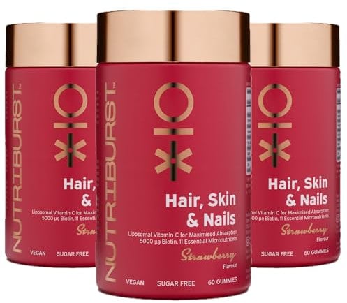 Nutriburst Hair, Skin & Nails Multipack - Supports Skin, Builds Collagen & Nail Strength - 5000 mg Biotin, Zinc + Vitamin A, C, D, E - Vegan & Sugar Free - 180 Strawberry Gummies - 3 Month Supply