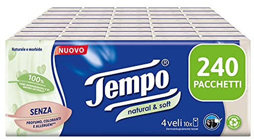 Tempo, Pacchetti di Fazzoletti di Carta Natural & Soft, 24 Confezioni da 10 Pacchetti, 4 Veli, Resistente in Lavatrice, Fazzoletti Naturali e Morbidi, Senza Profumo, Coloranti e Allergeni