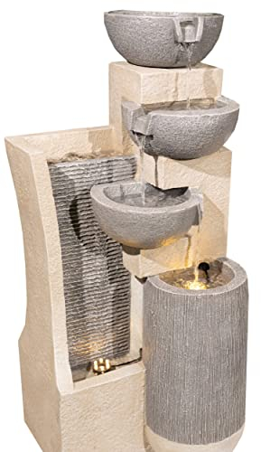 Serenity Garden Cascading Four Bowl and Wall Water Feature, Outdoor Self Contained Cascade Tipping Bowls Water Fountain with LED Lights, Freestanding Ornament Patio Decor, 75cm