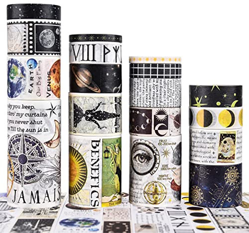 Vintage Washi Tape 18 Rolls,75/50/30/25/20/15/10/5mm Wide Astronomy Planet Stars Moon Universe Old Letters Decorative Retro Masking Tape Set for Scrapbooking Supplies,Craft,Kids,Scrapbook (Black)