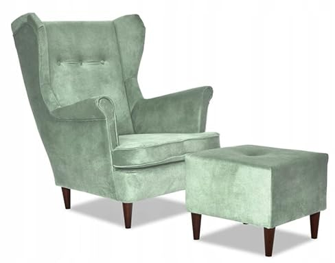 Family Meble Ohrensessel mit Hocker, Modell Diana, Skandinavisch, Relaxsessel aus Webstoff, Loungesessel, Ohrensessel mit Hocker, Bequemer Sessel, Für Wohnzimmer, Esszimmer, Schlafzimmer, Minze 1