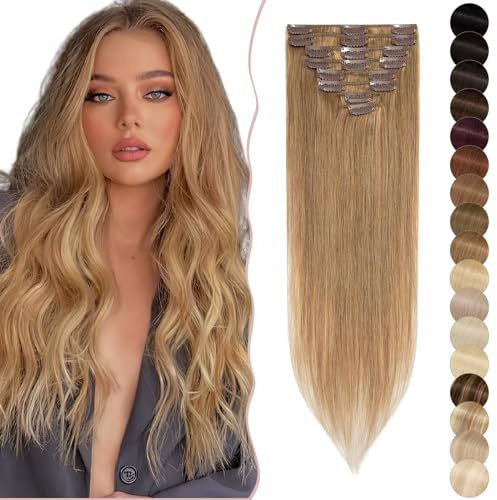 SEGO Extensions Clip in Haarverlängerung Echthaar Haarteile 8 Teiliges SET Haarteil 100% Menschliches Remy Human Haar Weiche Seidige dünn glatt 22(56cm)-75g Honigblond#27