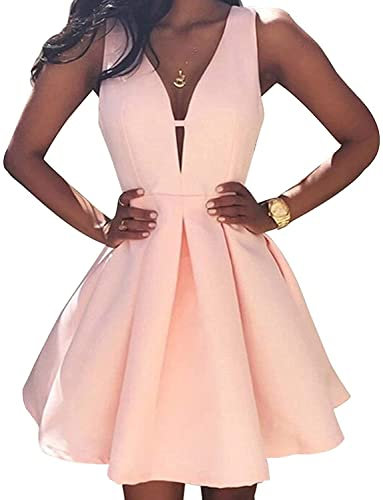 SAYNO Robe courte de bal pour enfant avec col en V et épaules dénudées en satin, rose poudré, 36