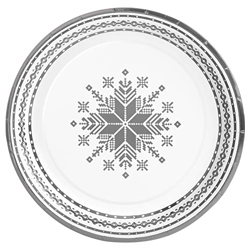 8 Unidades - Platos Desechables Postre Cartón de Ø 18 cm con Temática Navideña con Bordado Plata. Platos Cartón Biodegradables Navidad, 100% Reciclables. Perfectos para Celebraciones y Eventos.