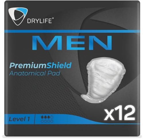 Drylife Men Level 1 Premium Shield Protections Absorbantes Incontinence Homme | Protection pour Fuites Urinaires, Design Masculin Discreet et Contrôle Actif des Odeurs (1 Lot de 12)