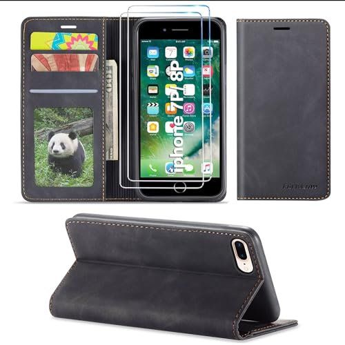 SLWYF Funda para iPhone 7 Plus/iPhone 8 Plus, con Protector de Pantalla, Soporte Plegable Tapa Flip de PU Ranuras Tarjetas Magnético Protección, Protección de Cuero Premium, Black