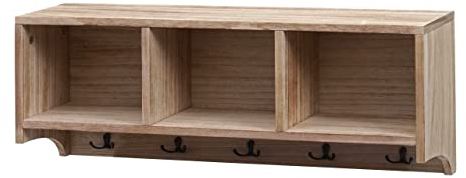 Mendler Wandregal HWC-K49AM, Garderobe Wandgarderobe Regal, 3 Staufächer 5 Haken 30x80x20cm Holz - naturbraun