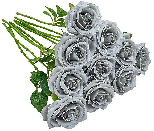 IUKnot Künstliche Rosen, offener Blumenstrauß, künstliche Rosenstiele für Hochzeitsarrangement, Brautstrauß, Tafelaufsatz, künstliche Seidenblumen, 10 Stück, grau