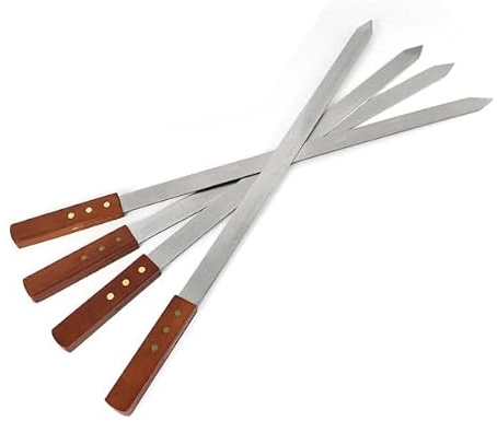 OBD 4 x Flat Kebab Skewers Stainless Steel 12 Inch Perfect for BBQ Grilling Chicken Meat Vegetables Durable Kitchen & Outdoor Grill Tools with Wooden Handle
