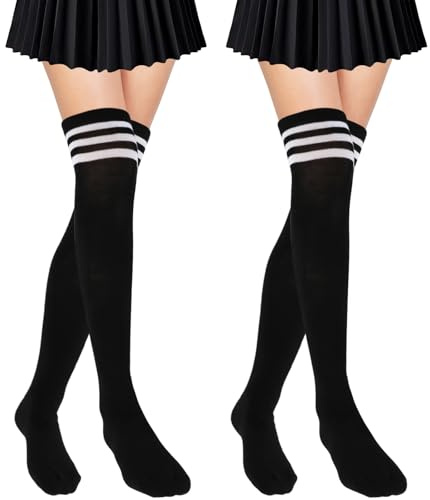 Sibba 2 Paar Kniestrümpfe Overknee Gestreifte Strümpfe Damen, Oberschenkelhohe Socken in Übergröße über dem Knie Knee High Beinwärmer Stockings Lange Socken Schwarz für Laufen Cheerleading Sport