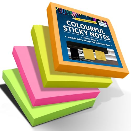 SOL 4pk Sticky Note Pads - 400 Bright Multicolour Strong Adhesion Pads | Multicolour sticky notes set for office, home and school, ideal for note taking, reminders and checklists 75x75mm