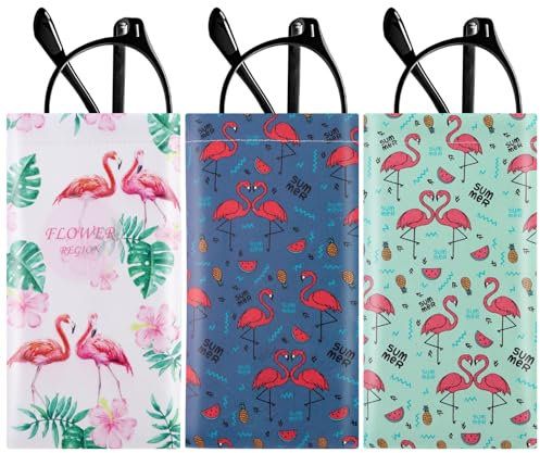 Soleebee 3 Stück tragbare Brillenetui, weiches Leder, kratzfest, mit Quetschverschluss, Sonnenbrillenetui, Aufbewahrungstasche, Flamingos, Einheitsgröße