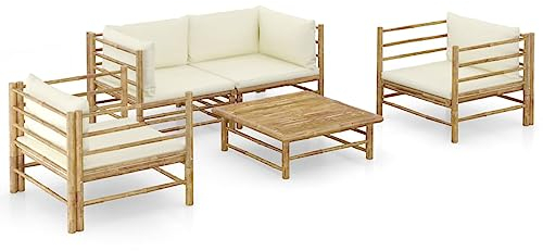 GuyAna 5-TLG. Garten-Lounge-Set mit Cremeweißen Kissen Bambus Essecke Mit Eckbank Und Tisch Outdoor Furniture