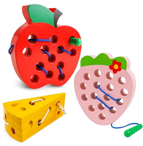 NAODONGLI Wooden Lacing Toys for Toddlers,Toddler Travel Toys Car Plane Games Toys Montessori Educational Learning Fine Motor Skills for Boys Girls Ages 3+(3 Pack Threading Toys)