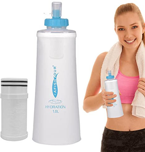 Vllold Botellas de Agua Plegables,Botella de Agua para Senderismo de 1 litro con Filtro | Botella Plegable portátil, Botella Plegable Duradera para Gimnasio, Senderismo, Ciclismo