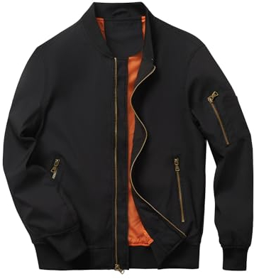 HOOD CREW Herren Bomberjacke Leichte Dünne Lässige Jacke Windbreaker Übergangsjacke mit Reißverschlusstaschen Schwarz XXL