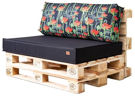 GoldenGroup Gartenset Kissen für Palettenmöbel Schwarz & Mohnblumen, Strapazierfähiges Gewebe, Palettenkissen Set Gefüllt Schaumgranulat & Schaumstoff, 120x65x10 Sitzkissen, 120x40x10 Rückenkissen