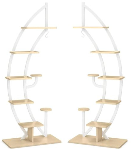 SPOTRAVEL 8-Tier Plant Stand, Tiered Half Moon Shape Ladder Flower Stand with Hook and Anti-Toppling Device, Metal Frame Curved Flower Pot Rack for Living Room Bedroom Balcony (2 PCS, Natural+White)