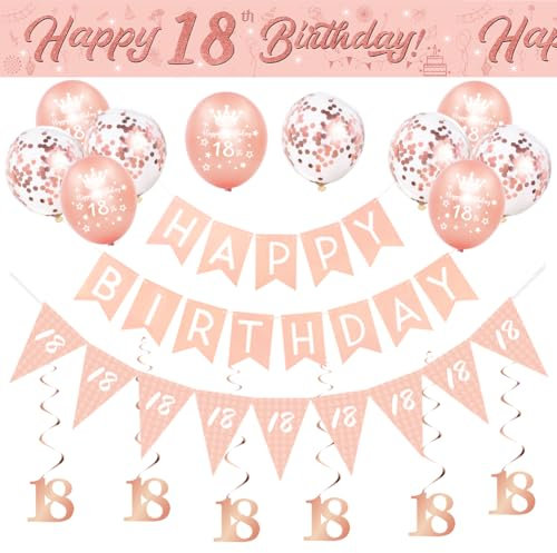 18th BIrthday Decorations-Rose Gold 18th Birthday Banners for Girls,Happy Birthday Party Decor for Her Include Banner Bunting Hanging Swirls Triangle Flags Confetti Latex Balloons