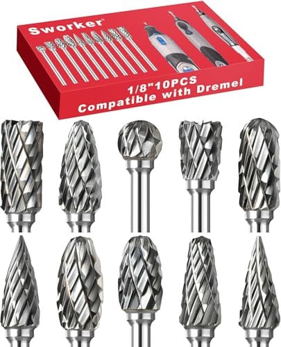 Sworker 10 Pcs Carbide Burr Set 1/8 Shank Compatible with Dremel Bits Rotary Tools Attachment Kit Rasp Drill File Accessories Metal Wood Stone Steel Grinding Carving Cutting Polishing Engraving