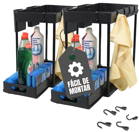 Diarque | Organizador Bajo Fregadero Cocina 2 Niveles | Mueble bajo Fregadero Extraile 2 Unidades | Arrumacao Cozinha | Organizador Productos Limpieza Con 2 Cestas Y 10 Ganchos | Baño Hogar Y Cocina