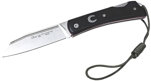 Tiendas LGP - MIGUEL NIETO Navaja Horsehoof 166-M, con hoja en acero inoxidable Böhler N695co hoja de 8 cm. y empuñadura en Mikarta Negra Pulida, Hueco con cordón fiador incluido.