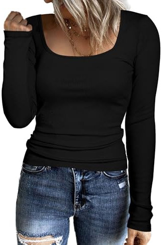 Aottori Long Sleeve Tops Women Square Neck Ribbed T Shirts Ladies Cotton Basic Base Layer Tops Slim Fit Lightweight Solid Casual Pullover Jumpers Black M
