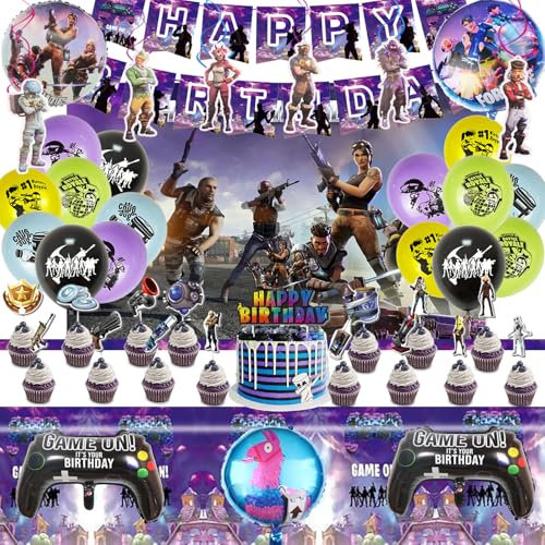 Video Spiel Geburtstagsfeier, 45 Stück Gaming Party Geburtstag Deko,Enthält Geburtstag Banner,Tischdecke,Cartoon-Hintergrund, Swirl Decoration, Luftballons, Tortendeko