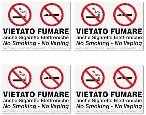 4 Adesivi VIETATO FUMARE Grandi formato cm 15x21 | No Smoking - No Vaping | Divieto di Fumo anche Sigarette Elettroniche | Con Normativa | Adesivo Resistente per Interno ed Esterno | 4 pz