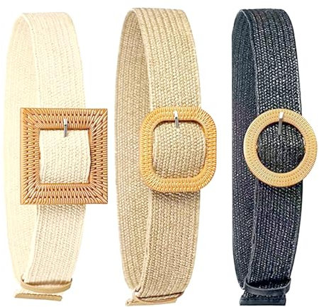 Xiciki Lot de 3 ceintures en raphia en paille tissée élastique pour femme, large ceinture élastique pour femme, ceintures pour robes pour femmes, ceintures extensibles pour femmes, boucle en bois