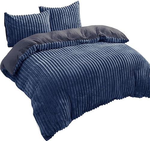 Leonado Vicenti Bettwäsche Cashmere-Touch Teddy Plüsch Set 4-teilig 135x200 cm Cord Optik Winter Coral Fleece kuschelig warm Dunkelblau Wendebettwäsche