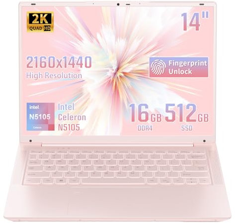 LONGEVINCE 14-Inch Portable Laptop Computer, 2160 x 1440 (2K) IPS Display, 16GB DDR4 RAM, Celeron N5105(Beat N5095) Laptops,Notebook WiFi5 &BT5.0. 6000mAh Battery Light pink PC(512G SSD)